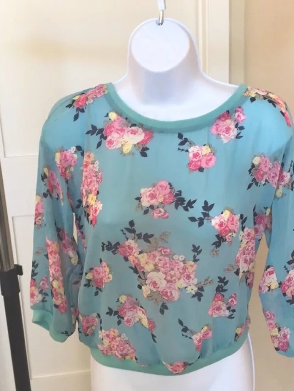 Teal Floral Blouse - Lightweight 3/4 Sleeve Top